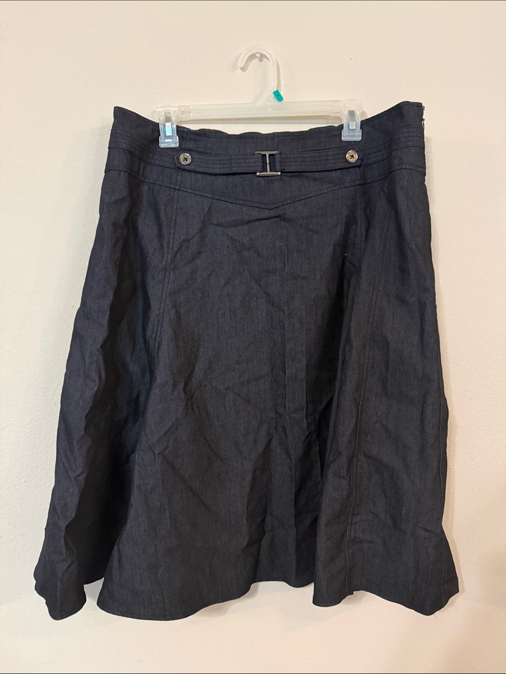 Women's Navy Midi A-Line Skirt with Decorative Waist Buckle